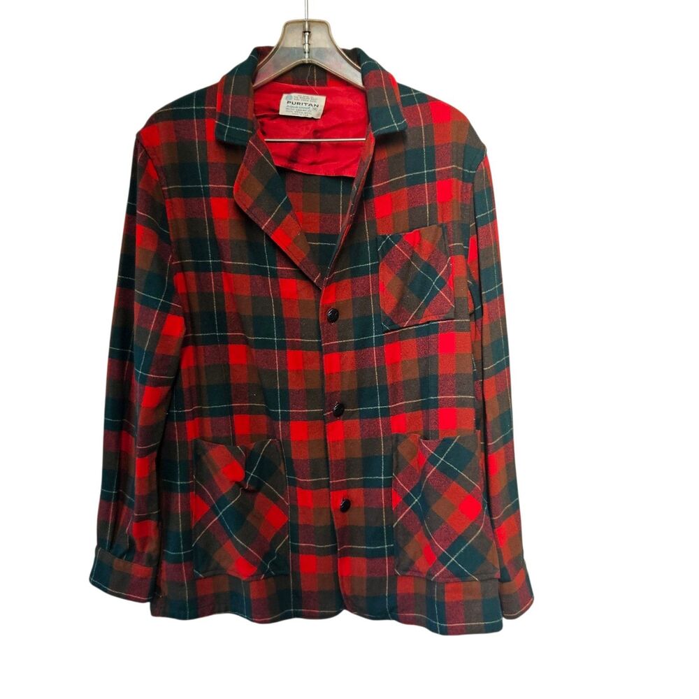 Vintage Puritan Flannel Jacket Mens Size M Red Plaid Chore Coat 3 Pocket Wool
